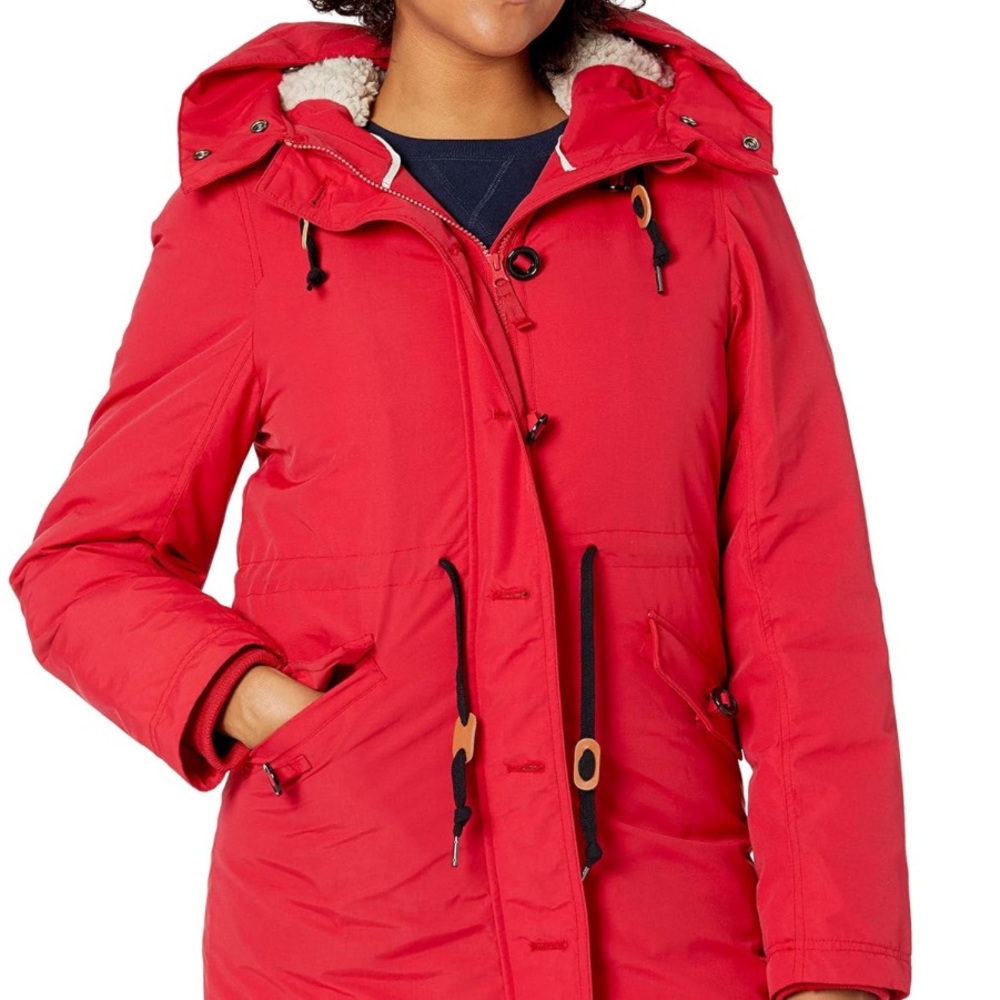 Water-Resistant Red Winter Hooded Parka Coat
